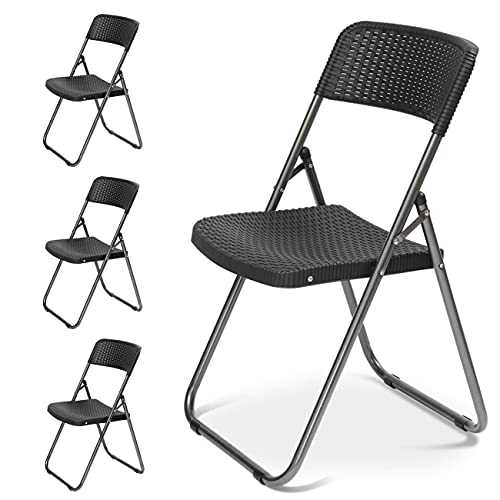 Sekey Garden Patio Furniture Folding Chairs, Rattan Look Plastic Outdoor Bistro Dining Chairs, Heavy Duty Durable Steel Frames for Indoor & Outdoor, 4-Pack Black.
