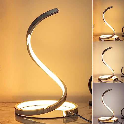 Karmiqi LED Bedside Table Lamp Modern Dimmable Night Light, Silver Spiral Chrome Desk Lamp, 12W 3 Levels Dimming for Bedroom Living Room Office, Touch Control