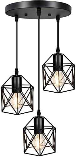 Vintage 3-Lights Ceiling Lamp,Hanging Pendant Lights,Industrial Flush Mount Ceiling Lighting Fixture, E26 Base, Black Geometric Ceiling Hanging Lamp for Kitchen/Dining Room（Bulbs not Included)