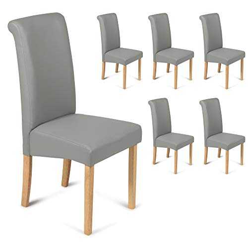 Set of 6 Matt Grey Faux Leather Scroll Top Roma Dining Chairs Grey With Padded Seat & Oak Finish Legs