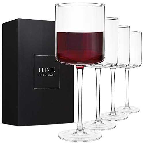 Square Red Wine Glasses Set of 4 - Hand Blown Edge Wine Glasses - Modern Flat Bottom Wine Glasses - Unique Large Wine Glasses with Stem for Cabernet, Pinot Noir, Burgundy, Bordeaux - 480ml Clear