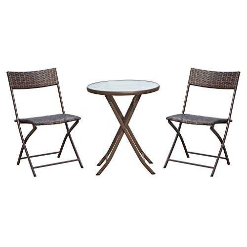 Outsunny 3PC Rattan Bistro Set 2 Folding Rattan Chair Glass Topped Coffee Table Garden Patio Balcony Outdoor Wicker Furniture - Brown