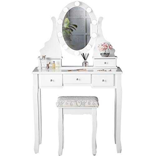 CARME Ruby Rozanna - White Dressing Table with Hollywood Mirror LED Lights 10 Bulbs 5 Drawers Stool Set