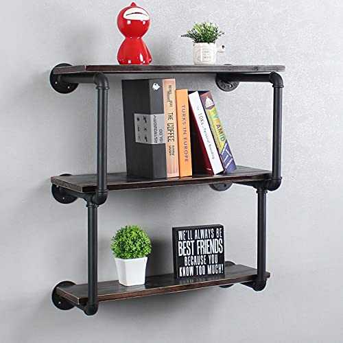 TOKIKA Industrial Floating Shelves with Wooden Shelves,3 Tiers Iron Pipe Hung Bracket Bookshelf,Rustic Wall Mounted Shelf Bookcase,DIY Storage Shelving,Black(24 inch)