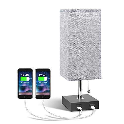 USB Bedside Table Lamp, Aooshine Modern Bedroom Lamp with USB C and USB A Charging Ports, Grey Square Fabric Shade & Bedside Lamp Perfect for Living Room, Office and Hotel