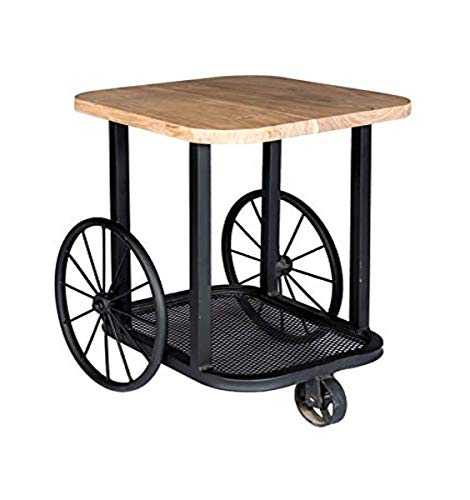 Home Source Industrial End Table Reclaimed Metal Base Decorative Wheels, Mango, Solid Wood, 1 Shelf