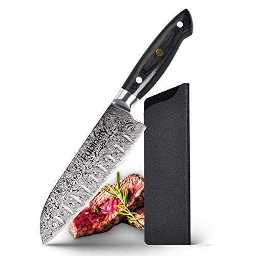 Fubinaty Japanese Chef Knife 7 Inch Professional Santoku Knife with Sheath, German High Carbon Stainless Steel, Full Tang Ergonomic Pakkawood Handle, Herringbone Pattern, Gift Box Packing