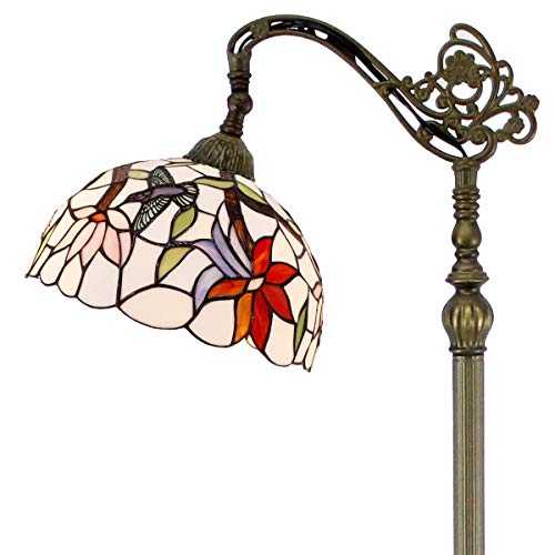 Tiffany Floor Lamp 64" Tall Industrial Pole Vintage Boho Hummingbird Stained Glass Standing Corner Bright Reading Light Arched Gooseneck Adjustable Living Room Kids Bedroom Farmhouse WERFACTORY