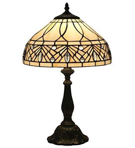 NANXCYR Tiffany Style Table Lamp,Cream Stained Glass And Crystal Bead Antique Desk Lamp Height 19.3 Inch for Living Room Coffee Table Desk Beside Bedroom,Resin Base