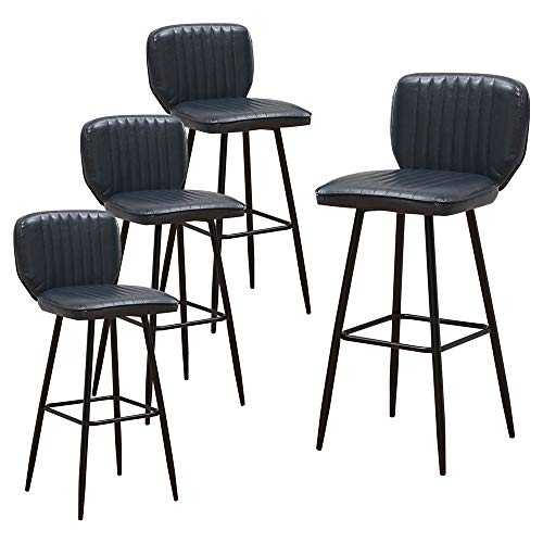 Set of 4 Blue Breakfast Counter Bar Stool with Fixed High Metal Legs for Kitchen Pub, Industrial Bar Hocker Stool Chairs with Backrest PU Leather Upholstered Seat