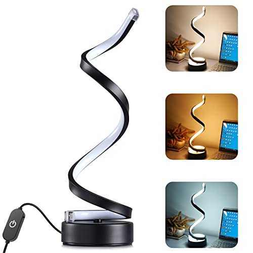 Modern Spiral Table Lamp for Bedroom, 3 Colors Changing Bedside Table Lamp with One- Touch Switch, Dimmable Black LED Nightstand Lamp, 12W Bright Desk Lamp for Reading, Living Room