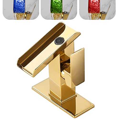 Gold Bathroom Faucets LED Waterfall Spout One Hole RGB 3 Colors Light Changing Lavatory Vanity Sink Faucet Brass Single Handle Modern Washbasin Bath Basin Tap Contemporary with Water Supply Lines
