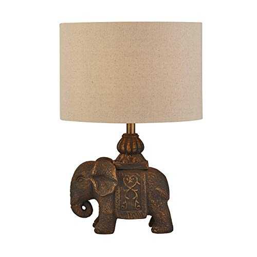 Lighting Collection Stylish 1 Light with Beautiful Elephant Base Table Lamp with Oatmeal White Shade, Antique Bronze