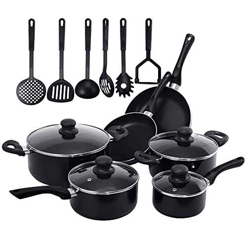 COSTWAY 16 Pieces Cookware Set Include Fry Pans, Stock Pots, Sauce Pots and Cooking, Aluminum Non Stick Induction Stove Pot Pan Sets for Home Kitchen Restaurant