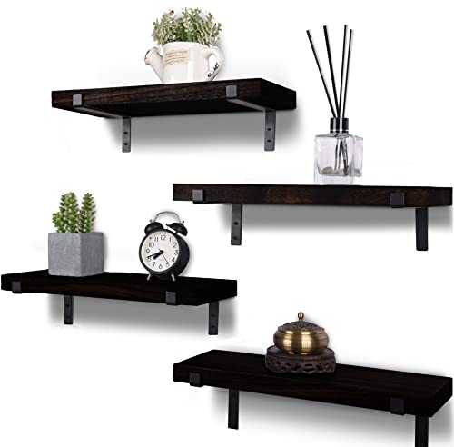 HXSWY Rustic Wood Floating Shelves for Wall Decor Farmhouse Wooden Wall Shelf for Bathroom Kitchen Bedroom Living Room Set of 4 Black