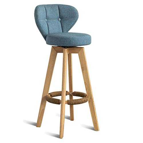 Bar Stool Chair Barstools Footrest with Backrest Swivel Seat Blue Linen Cover Breakfast Stool Dining Chairs for Kitchen | Pub | Café Barstools with Wood Legs Max. Load 150 kg