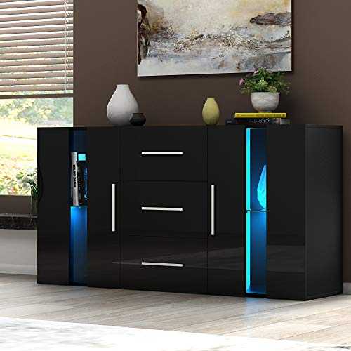 Panana Modern Sideboard High Gloss Fronts Storage Cabinet Cupboard with Drawers and Doors RGB LED Lights Living Room Hallway Black