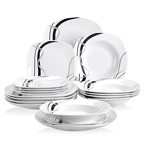 VEWEET 'Fiona' 18-Piece Dinner Set Porcelain Ivory White Black Lines Dinnerware Set of 6 * 9.75" Dinner Plate, 6 * 7.5" Dessert Plate, 6 * 8.5" Soup Plate, Service for 6