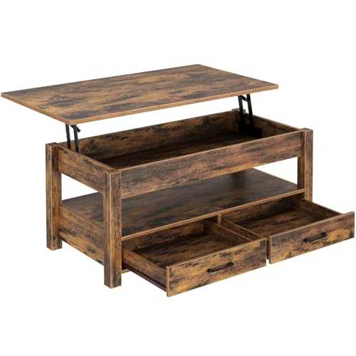 RRolanstar Coffee Table, Lift Top Coffee Table with Drawers and Hidden Compartment, Retro Central Table with Wooden Lift Tabletop, for Living Room, Rustic Brown