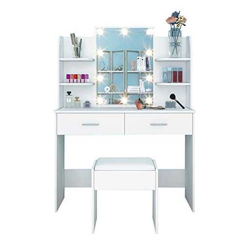 White Dressing Table,Dressing Tables with Lights & Mirror,Vanity Makeup Table Set with 2 Large Drawers & Stool for Girls