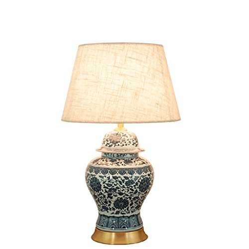 Table Lamps New Chinese Vintage Blue and White Porcelain Table Lamp, Antique Brass Table Lamp, Modern Minimalist Gray Lamp Shade, Stylish Home Living Room Bedroom Study Lighting Desk Lamps