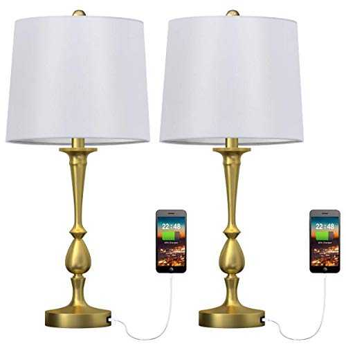 GYC Modern Table Lamp with USB Port, Bedside Desk Lamp E27 for Living Room Bedroom Nightstand Family Coffee Table, Brushed Steel Metal, Antique Brass, 2 Pack