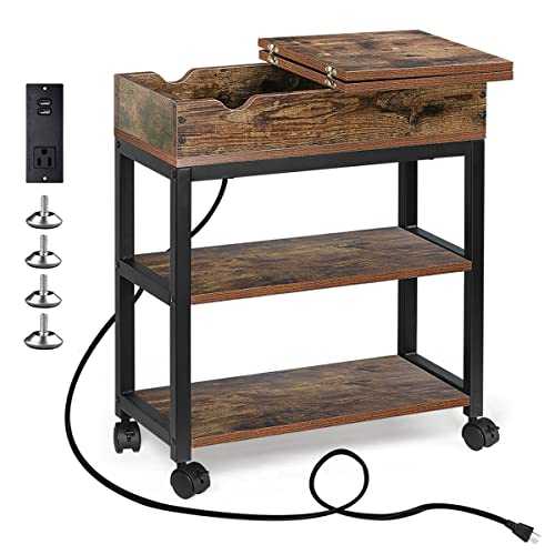 End Table with Charging Station, Narrow Flip Top End Side Table with USB Ports & Power Outlets, Nightstand with Storage Shelf for Small Spaces Movable Couch Table for Living Room, Bedroom Brown