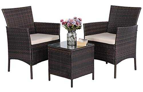 Yaheetech Outdoor Dining Table and Chairs 3 Piece Rattan Garden Furniture Set 2 Seater Garden Coffee Chairs and Table w/Cushions