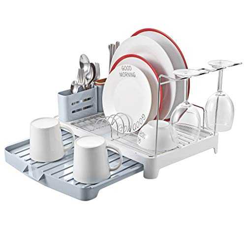 Kingrack Dish Drainer, Dish Rack Stainless Steel, Dish Drying Rack with Extendable Drip Tray, Extra Draining Board, Cutlery Holder, Wine Glass Holder, Double Plate Rack Drainer for Kitchen
