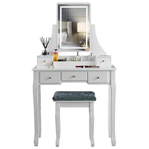 CARME Savannah - White Dressing Table with Touch Mirror LED Light 5 Drawers Stool Set Vanity Dresser Bedroom Furniture Makeup Jewellery Storage
