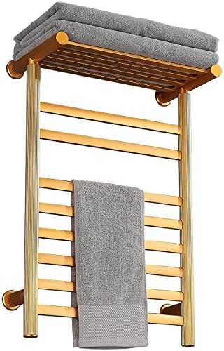 OUWTE Electric Heated Towel Drying Rack, Gold 8 Bar Wall Mounted Towel Warmer with Top Shelf, Energy Efficient 80W Aluminum Alloy Heated Towel Rail for Bathroom Radiator, 60X43cm,Plug in