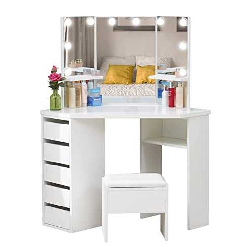 OFCASA White Dressing Table with Mirror Stool and LED Bulbs 3 Mirrors 5 Drawers Corner Curved Girls Makeup Desk 114x61x140cm