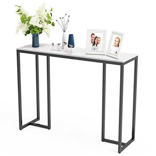 FATIVO Slim Console Table Hallway Unit: White Marble Top Consoles Desk Long 100cm High Gloss Sintered Stone Marbles Effect and Black Legs Narrow Tall Modern Sofa Side Tables Sideboard Living Room…