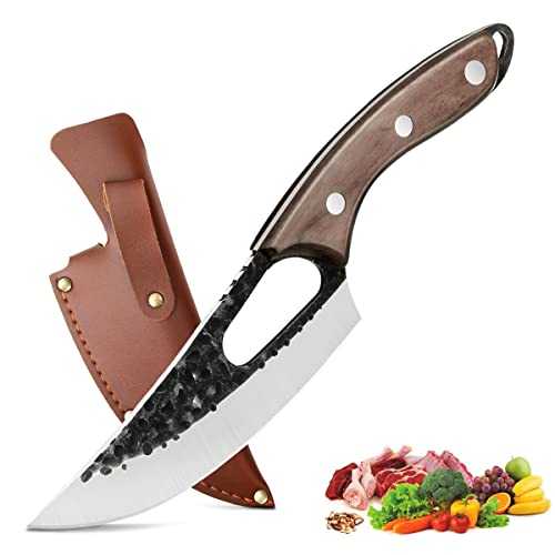 Chef's Knife Set,Handmade Forged Carbon Stainless Steel Kitchen Knife with Leather Sheath and Wood Handle for Home,Camping,BBQ(Brown)
