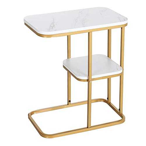 INMOZATA Side Table C shaped End Table Coffee Table with Storage Shelf Sofa Table Wood Metal Frame for Bedroom Living Room (White Stone Texture&Gold Frame)