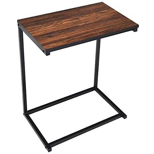 COSTWAY Industrial Side Table, Metal Frame Rustic Coffee Snack Table Laptop Desk, Home Office C-Shaped End Table for Living Room Bedroom Balcony (Brown)