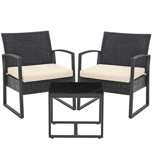 SONGMICS 3-Piece Patio Set Outdoor Patio Furniture Sets, PE Rattan, Outdoor Seating for Bistro Front Porch Balcony, Easy to Assemble, 2 Chairs and 1 Table, Black and Beige GGF010M02
