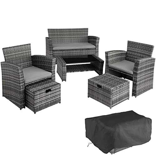 TecTake 800719 Rattan Seating Set 6 PCs, Sofa Seats Stools Table with Glass Top, UV-Resistant, Steel Frame, incl. Cushions, ideal Garden Patio Outdoor (Grey | No. 403279)