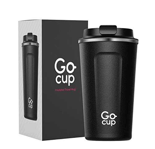 Travel Mug, Insulated Thermal Coffee Cup with Leakproof Lid, 510ml, UK Brand, Stainless Steel, Reusable, Large Size, Keep Drinks Hot and Cold, 17oz, Black