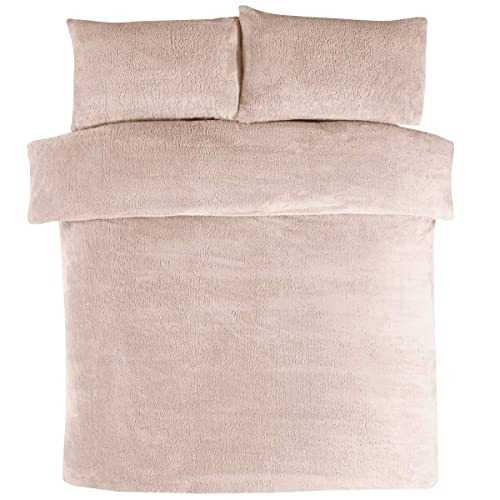 Sleepdown Teddy Fleece Duvet Cover Quilt Bedding Set with Pillow Cases Thermal Warm Cosy Super Soft - Double - Natural Ivory