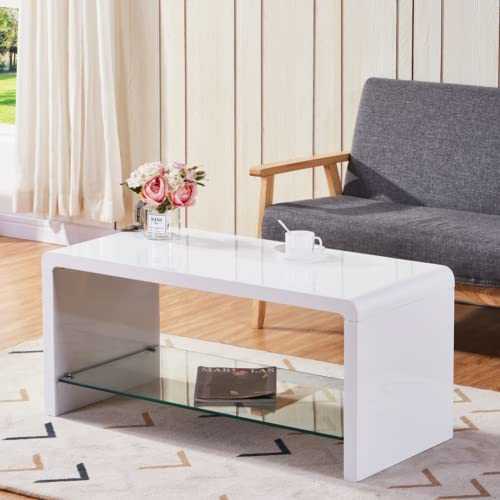 GOLDFAN High Gloss Coffee Tables Modern Rectangular End Table with Glass Storage Shelf Side Table for Living Room Home Furniture,White