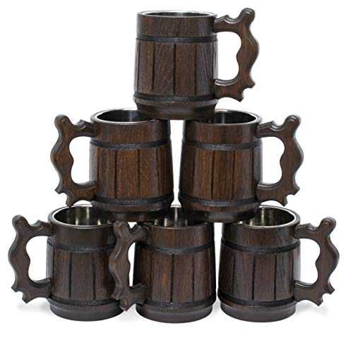 Handmade Beer Mug Set of 6 Oak Wood Stainless Steel Cup Gift Natural Eco-Friendly 0.6L 20oz Retro Brown