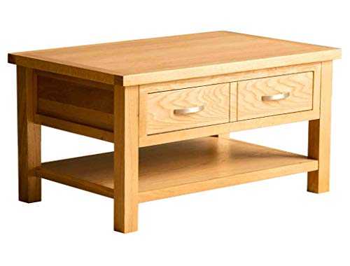London Oak Large Coffee Table With Storage Drawer and Shelf | Lacquered Solid Wooden Modern Rectangular Living Room Furniture, H:45cm W:85cm D:55cm