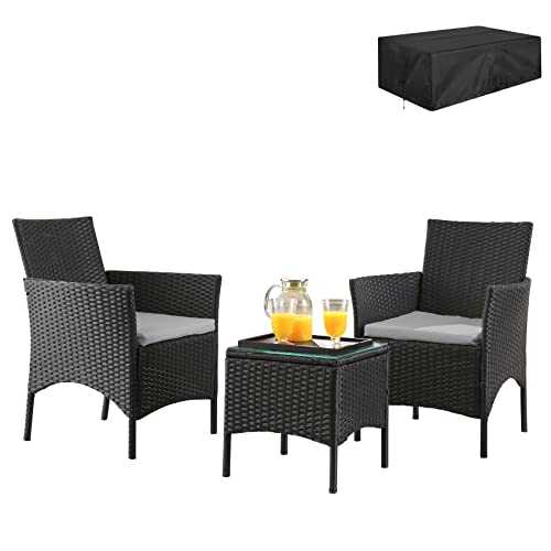 SALBAY Rattan Garden Furniture Set 3 Patio Conservatory Indoor Outdoor Coffee Table and 2 Single Chairs (Black)