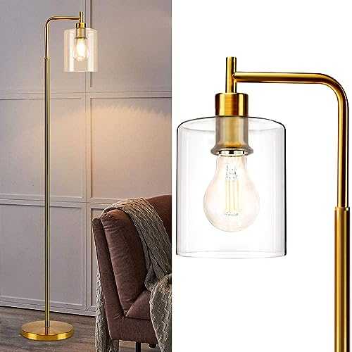 Depuley Modern Gold Led Floor Lamp, Eye-Care Standing Lamp with Hanging Glass Shade,Industrial Metal Floor Light,Reading Floor Lamps for Living Room,Bedroom,E27 Socket(6W A60,LED Edison Bulb Included)