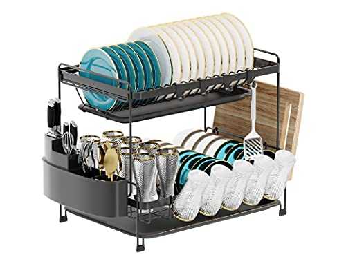 Manatees-Dish Rack 2 Tier, Dish Drainer Rack With Drip Tray,Dish Drying Rack,Two Tier Plate Rack Black,kitchen drainer with Chopping Board Rack
