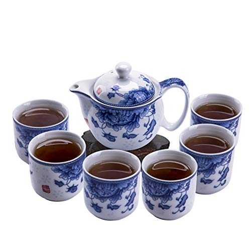 ufengke 7 Piece Chinese Kung Fu Tea Set,Blue and White Porcelain Tea Set for Kungfu,Tea Service