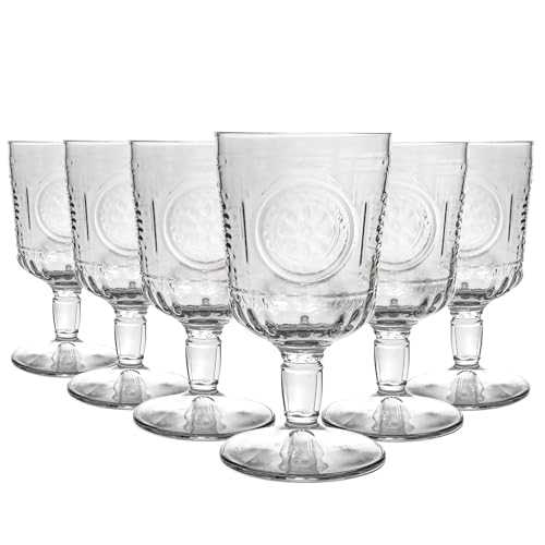 Bormioli Rocco Romantic Wine Glasses Set - Vintage Italian Cut Glass Goblets for Red White Wine - 320ml - Pack of 6