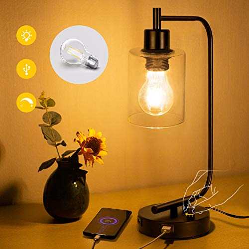 Industrial Table Lamp,Bulb Included Dual USB Port Iron Lantern Glass Shade Style Dimmable Bedside Desk Lamp for Bedroom, Office,Living Room, Dressing Table,Hotel Farmhouse Desk Lamp USB