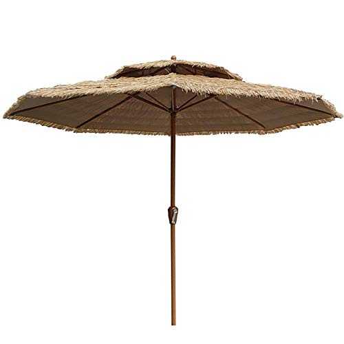 ZCYY Garden umbrellas,Parasol 2.7M Round Double Top Imitation Wood Iron 丨Straw Beach 丨Bold Thickened Column丨8 Root Umbrella Bone丨Windproof And Breathable丨Without Base